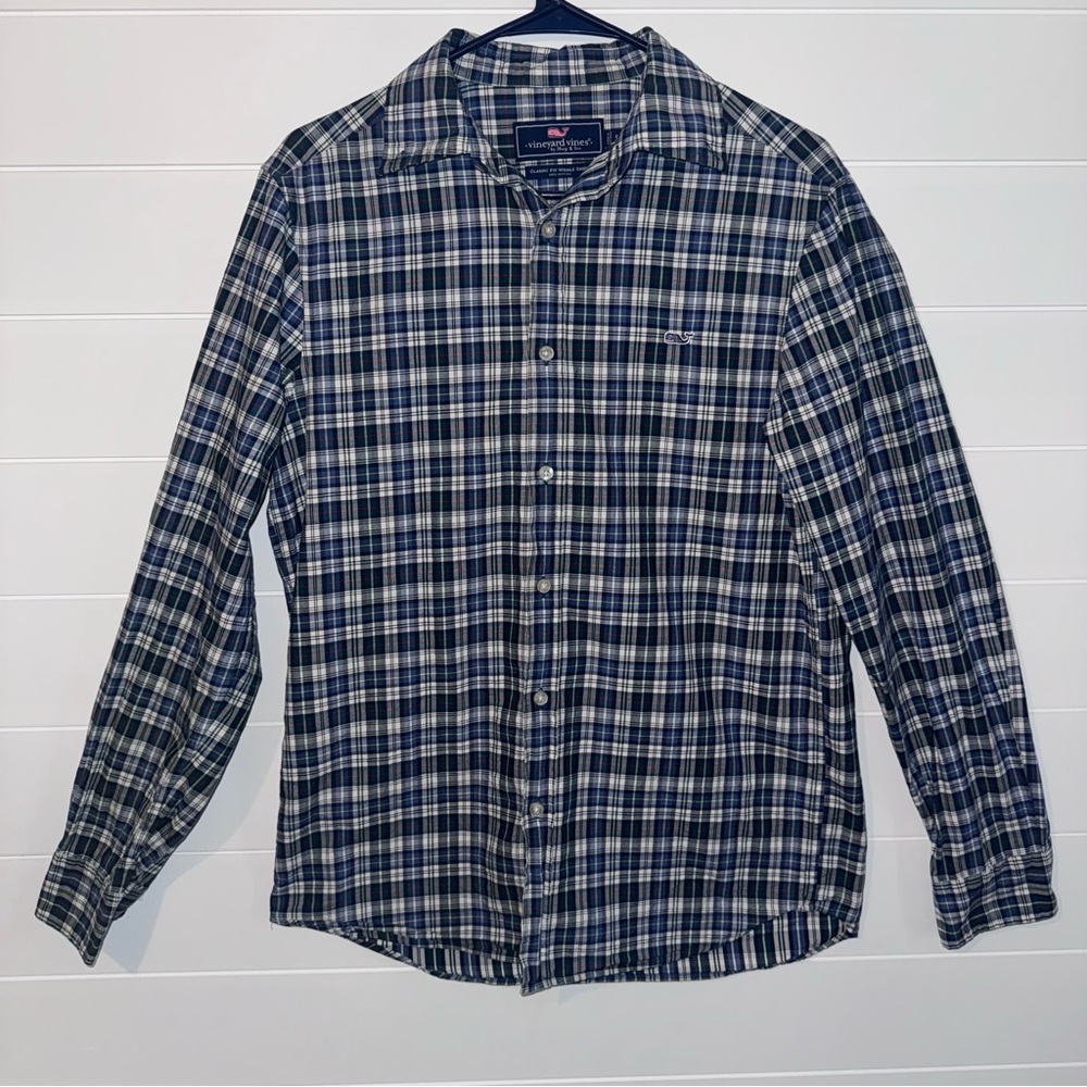 Vineyard Vines Men Size Small Long Sleeve Button Down Blue Plaid Whale Shirt